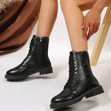 PU Leather Black Ankle Boots Women 2023 Autumn Zip Lace Up Platform Shoes Woman Fashion Non Slip Motorcycle Botas