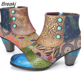 Women Shoes Splicing Printed Ankle Boots for Female PU Leather Retro Block High Heels Bohemian Ladies Spring Autumn Short