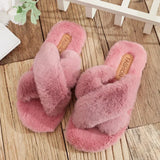Women Warm Fluffy Slippers Cozy Faux Fur Cross Indoor Floor Slides Flat Soft Furry Ladies Cotton Slippers Flip