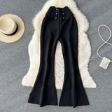 Women Sprint Pants Solid Colar High Waist Slim Flare Pants Elegant Office Lady Yellow Black Full Length Casual