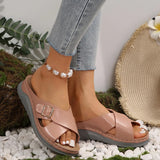 Breakj New Flat Bottom Leisure Slippers Cross Belt Buckle Solid Color Beach