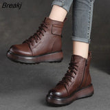 Winter Genuine Leather Ankle Boots Lace-Up 2023 Handmade Lady Soft Flat Shoes Comfortable Side Zip Ankle Boots Size