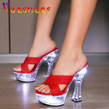 Light Up Transparent High Heels 15CM Square Heel Summer Sandals Women's Platform Luminous Shoes Club Fashion Weave