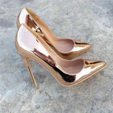 fashion 12 cm extreme high heels shallow mirror pointed toe metal color champagne gold silver QP029