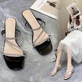 2024 New Square Head Open Toe Women's Slippers, Casual, Stylish, Rhinestone Cross Crystal with