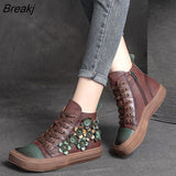 Retro Lady Flat Boots Lace UP Flower Designer Woman Fashion Shoes Genuine Leather Vintage Forest Boots Ankle Shoes