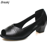 Genuine Leather Comfortable Ladies Mid Heel Sandals Women Shoes Hollow Peep Toe Square Heel Sandals Woman