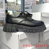 shoes Women Oxfords Spring Autumn Casual Platform Shoes Black Lace Up Leather Shoe Sewing Fashion Round Toe Chunky