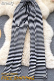 and Black Striped Long Pants Women 2023 New Retro Style Lace-up Elastic Waist Hole Wide Leg Casual Full Length