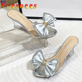 High Heels Summer Slippers Fashion Elegant Party Transparent Women Shoes Satin Big Bow Wedge Sandals 8CM Pink Pumps Size