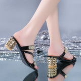Gold Silver Women's Sandals Summer 2023 Crystal High Heels Party Shoes Woman Comfortable Thick Heel Slides Sandalias