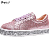 Autumn New Women Glitter Flat Sneakers Casual Female Mesh Lace Up Bling Platform Comfortable Plus Size Vulcanized