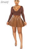 Hight Waist PU Leather Pleated Stacked Mini Skirt Women Fashion Black Brown Red Streetwear Female Spring Party