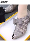 Mesh Shoes Women's 2023 Summer Fashion Rhinestone Square Heel Pointed Toe Size 43 Zipper Bow Sandals Women