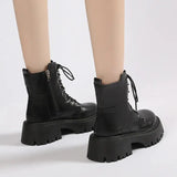 Women's Autumn Black PU Leather Ankle Boots Chunky Platform Combat Boots for Women 2023 Fashion Non Slip Motorcycle Shoes