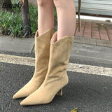 Women Mid-Calf Boots Fashion Short Boots Shoes Thin Low Heel Pointed Toe Ladies Suede Slip On Chelsea Boots Brand 2022