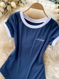 Short Sleeve Knitted Skinny Bodysuit Women Summer Fashion Color Block Letters Embroidery O-neck Slim Body Top