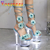 Transparent Platform High Heels Light Up Glowing Luminous Sandals Handmade Flowers Ankle Strap 17CM Summer Shoes For