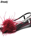 Summer Women Sandals A Word Type Strap Strange Heel True Feather Sandals Ornaments Alien Heel Ladies Party Shoes