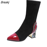 Short Boots Woman Mid Calf Boot Elastic Fabric Rhinestone Square Heel Women's Winter Shoes Black Female