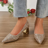 Shiny Sequin Pointed Toe Pumps for Women Wedding Party Thick High Heels Shoes Woman Shallow Mouth Pumps Plus Size