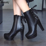2019 Fashion Women Ankle Boots High Heels Platform Motorcycle Boots Fashion Lace-up White Black Ladies Shoes