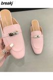 Women Flat Slippers New Fashion Metal Chain Close Toe Mule Shoes Slip On Casual Loafers Brand Slides Flip Flops Zapatos De