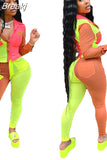 Neon Color Patchwork Two Piece Set Women Button Up Full Sleeve Top And Leggings Outfits Autumn Club Birthday
