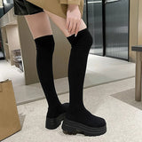 Chunky Platform Thigh High Boots Women Autumn Winter Stretch Knitting Socks Boots Woman Thick Bottom Long Botas