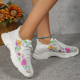 Breathable Printed Tennis Shoes Women Autumn Lace Up Platform Sports Shoes Woman Thick Sole Knitted Sneakers Plus