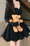 Sleeve Lace Mini Dress Woman Lolita Kawaii Dress Party Casual 2023 Autumn Slim Pure Color Elegant Dress Korean Style