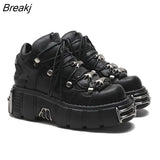 Women's Punk Style Leather Shoes Lace-up Heel Height 6CM Platform Female Gothic Ankle Boots PU Metal Decor Thick Bottom