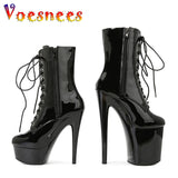 Women Boots Mid-Calf Sexy Hate Day High 17 20CM Round Toe Pole Dance Shoes Nightclub Zipper Lace-up Black Roman