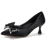 Rhinestone Bowknot Black Pumps for Women Pointed Toe Silk Stiletto Pumps Shoes Woman Satin Wedding Bride Shoes