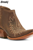 Female Western Boots Wood Sole Pointed Toe Slip-On Print Ankle Boots Embroider 2023 Spring Comfy Woman Boots