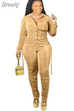 Casual Ruched Design Two Piece Sets Women Long Sleeve Side Lace Up Top And Stacked Pants Plus Size Solid Outfits