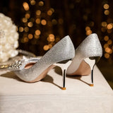 Rhinestone Wedding Bride Shoes Women 2023 Shiny Sequins Thin Heels Pumps Woman Sliver Bowknot Party High Heel Shoes