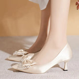 Rhinestone Bowknot Black Pumps for Women Pointed Toe Silk Stiletto Pumps Shoes Woman Satin Wedding Bride Shoes