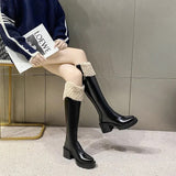 Knee High Brown Long Boots Comfort Square Heel Zip Belt Buckle Platform Boots for Women Plush Edge Warm Gothic