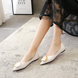 Shoes Women Pointed Toe Soft leather Black Beige Lady Fashion Flats Round buckle Flat Sole Large Size 42