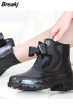 Women's Ankle Rain Boots Sweet Bowtie PVC Woman Water Shoes Rain Boots Women Waterproof Low Heel Non-slip Girl Shoes