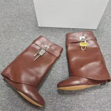 Lock Buckle Women's Mid Calf Boots Punk Style Round Toe High Heel Western Boots Luxury Designer Wedges Women's Short