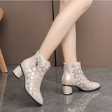 Spring Summer Fashion Rhinestones Gauze Sandals Thick Heels Mesh Autumn Ankle Boots Female Hollow Women's