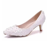 HOT White Flower Lace Wedding Shoes Low-Heeled 5CM Pearl Bridal Shoes Princess Pumps Platform Shoes Women Plus Size
