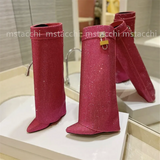 Rhinestone Women's High Boots High Heels Wedges Shoes Large Size Fashion Ladies Party Lock Metal Buckle Western Boots