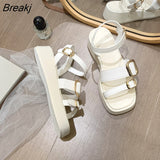 Women's Flat Casual Sandals 2023 New Square Toe Open-toe Metal Buckle Platform Sandals Wedges Rome Shoes for