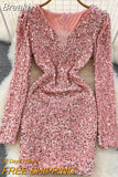 Sexy Women Sequins Glittering Mini Party Dress Elegant Mesh Patchwork V-neck Long Sleeve Slim Bodycon Club Velvet