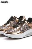 Women Casual Glitter Shoes Mesh Flat Shoes Ladies Sequin Vulcanized Shoes Lace Up Sneakers Outdoor Sport Running Shoes