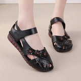 Summer New Head Layer Cowhide Flat Bottom Women's Shoes National Wind Leather Hollow Out Small Flower Women's Sandals Mother