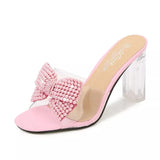 Fashion Girl Bow Crystal Slippers Sexy Transparent Dress Heel Shoes Summer Pearl Bowknot Design 2023 Elegant Party